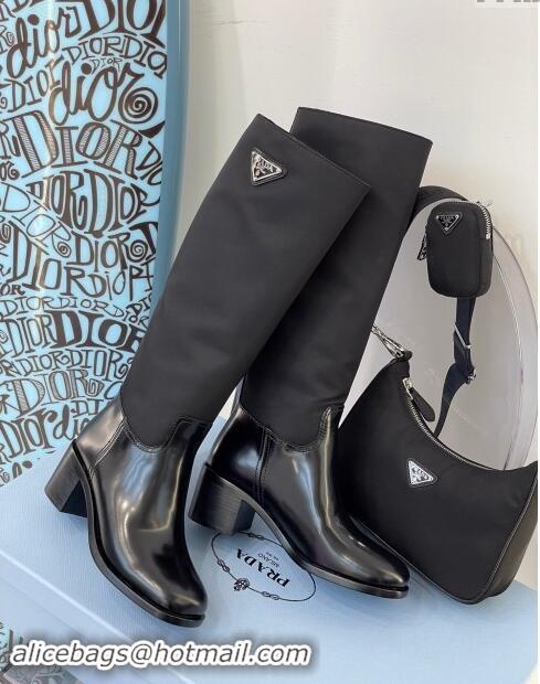 ​Top Design Prada Brushed Leather and Nylon High Boots P102903 Black 2024