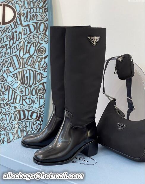 ​Top Design Prada Brushed Leather and Nylon High Boots P102903 Black 2024