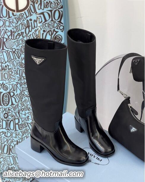 ​Top Design Prada Brushed Leather and Nylon High Boots P102903 Black 2024