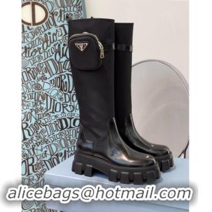 Spot Bulk Prada Brushed Leather and Nylon High Boots with Pocket P102904 Black 2024