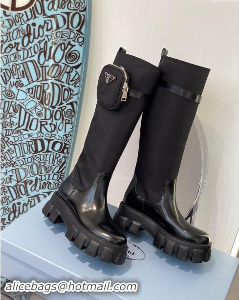 Spot Bulk Prada Brushed Leather and Nylon High Boots with Pocket P102904 Black 2024