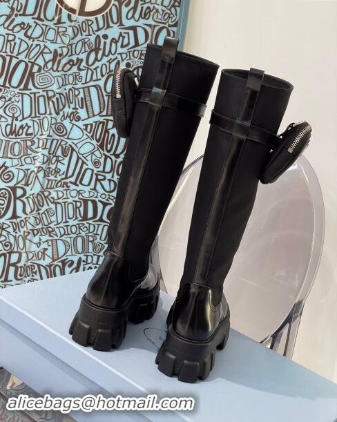 Spot Bulk Prada Brushed Leather and Nylon High Boots with Pocket P102904 Black 2024