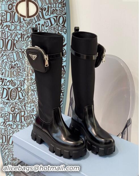 Spot Bulk Prada Brushed Leather and Nylon High Boots with Pocket P102904 Black 2024