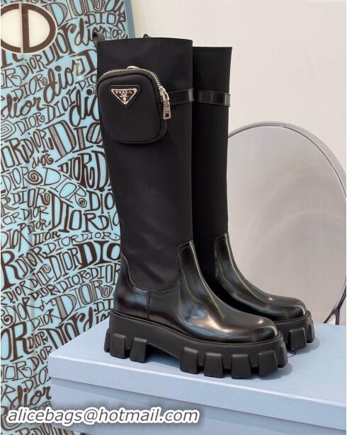 Spot Bulk Prada Brushed Leather and Nylon High Boots with Pocket P102904 Black 2024