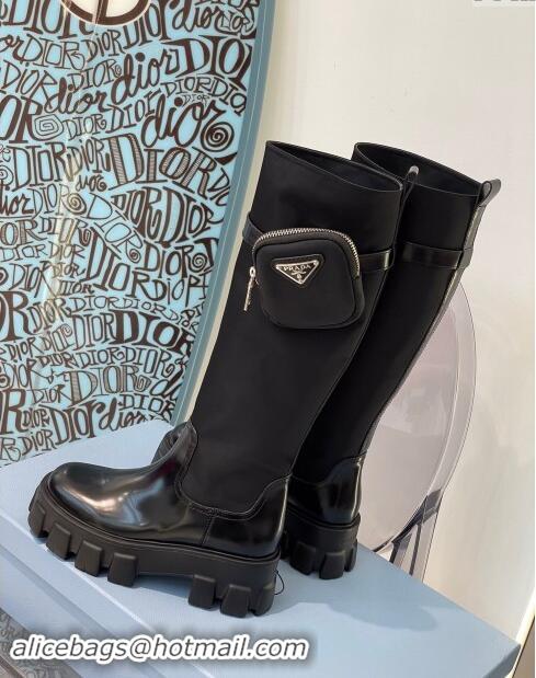 Spot Bulk Prada Brushed Leather and Nylon High Boots with Pocket P102904 Black 2024