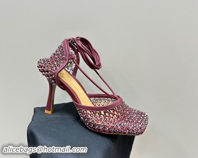 Grade Bottega Veneta Stretch Lace-Up Sandals 9cm in Mesh and Strass Burgundy 903031