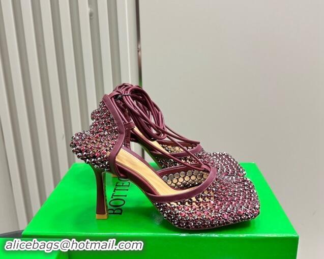 Grade Bottega Veneta Stretch Lace-Up Sandals 9cm in Mesh and Strass Burgundy 903031