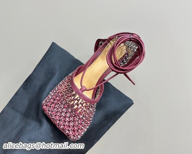 Grade Bottega Veneta Stretch Lace-Up Sandals 9cm in Mesh and Strass Burgundy 903031