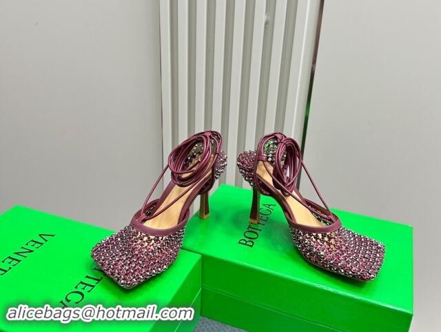 Grade Bottega Veneta Stretch Lace-Up Sandals 9cm in Mesh and Strass Burgundy 903031