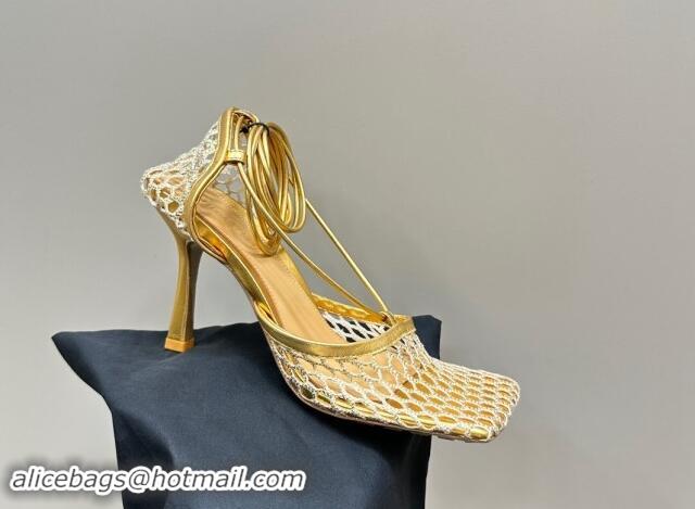 Reasonable Price Bottega Veneta Stretch Lace-Up Sandals 9cm in Mesh and Leather Gold 903033