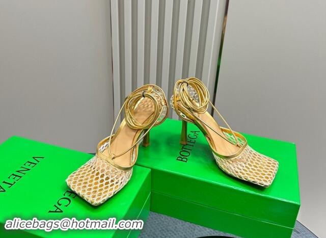 Reasonable Price Bottega Veneta Stretch Lace-Up Sandals 9cm in Mesh and Leather Gold 903033