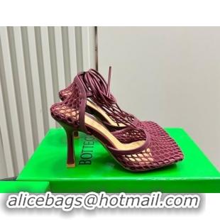 Affordable Price Bottega Veneta Stretch Lace-Up Sandals 9cm in Mesh and Leather Burgundy 903034