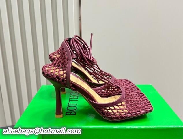 Affordable Price Bottega Veneta Stretch Lace-Up Sandals 9cm in Mesh and Leather Burgundy 903034