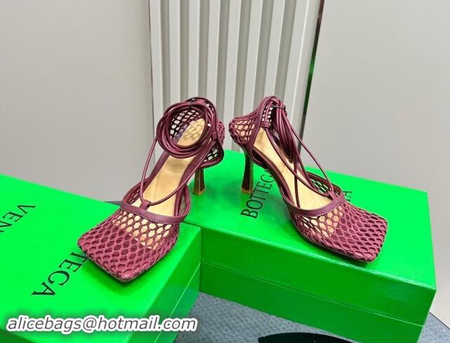 Affordable Price Bottega Veneta Stretch Lace-Up Sandals 9cm in Mesh and Leather Burgundy 903034