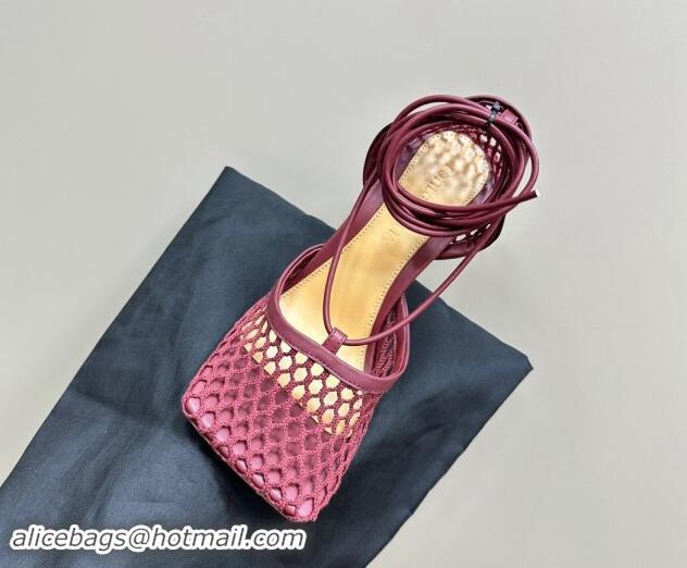 Affordable Price Bottega Veneta Stretch Lace-Up Sandals 9cm in Mesh and Leather Burgundy 903034