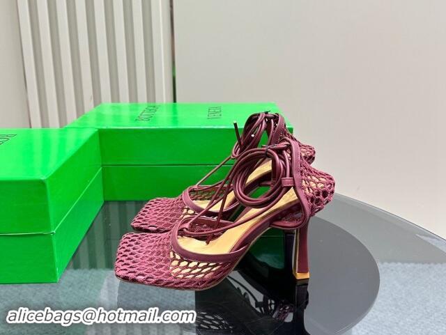 Affordable Price Bottega Veneta Stretch Lace-Up Sandals 9cm in Mesh and Leather Burgundy 903034