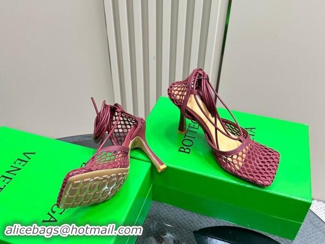 Affordable Price Bottega Veneta Stretch Lace-Up Sandals 9cm in Mesh and Leather Burgundy 903034