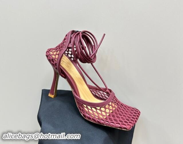 Affordable Price Bottega Veneta Stretch Lace-Up Sandals 9cm in Mesh and Leather Burgundy 903034