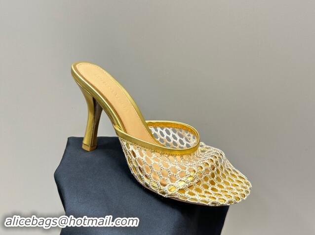 Purchase Bottega Veneta Stretch Slides Sandal 9cm in Mesh and Leather Gold 903038