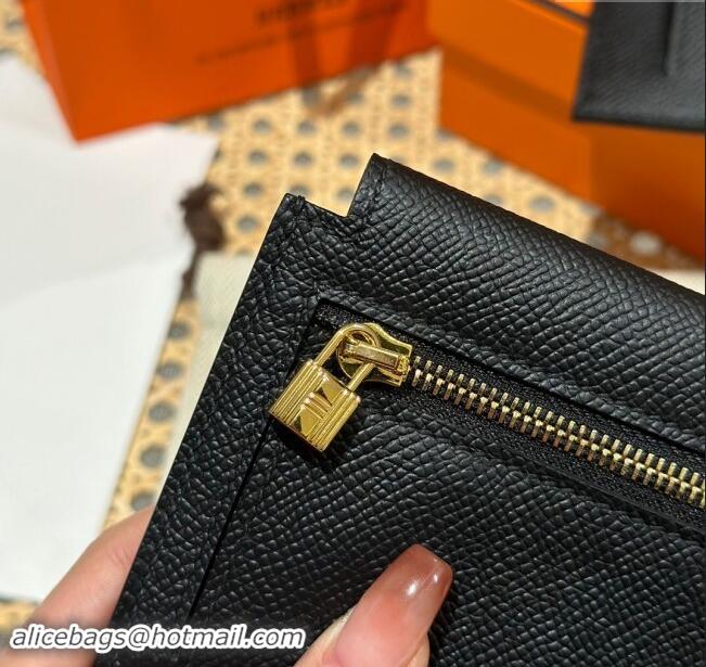 Promotional Hermes Kelly Pocket Compact Wallet in Epsom Leather H0010 Black/Gold 2024 (Half Handmade)