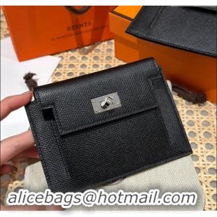 Famous Brand Hermes Kelly Pocket Compact Wallet in Epsom Leather H0010 Black/Silver 2024 (Half Handmade)