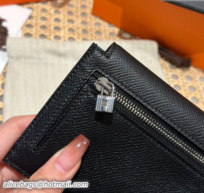 Famous Brand Hermes Kelly Pocket Compact Wallet in Epsom Leather H0010 Black/Silver 2024 (Half Handmade)