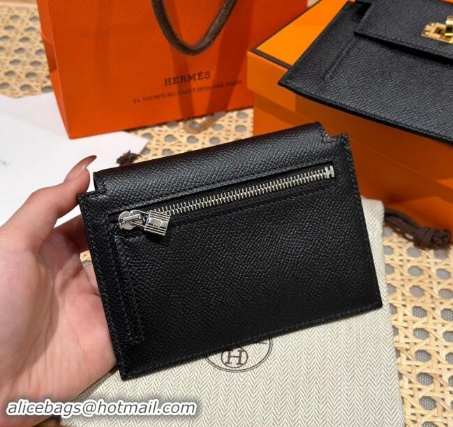 Famous Brand Hermes Kelly Pocket Compact Wallet in Epsom Leather H0010 Black/Silver 2024 (Half Handmade)