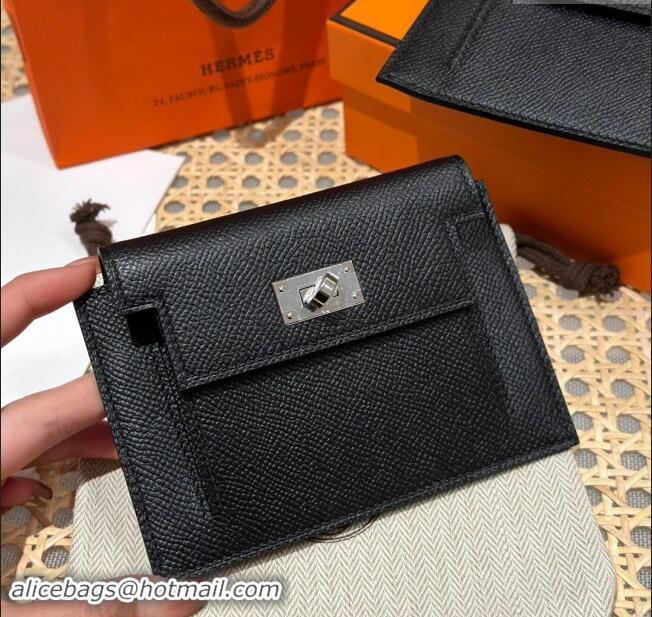 Famous Brand Hermes Kelly Pocket Compact Wallet in Epsom Leather H0010 Black/Silver 2024 (Half Handmade)