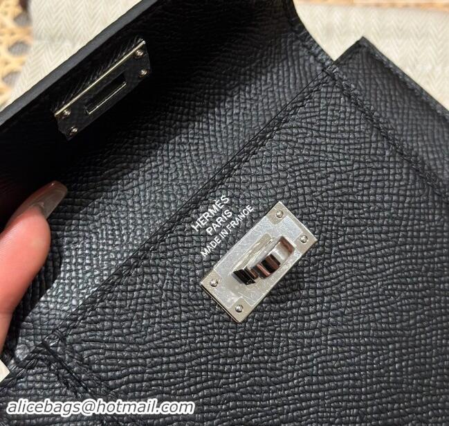 Famous Brand Hermes Kelly Pocket Compact Wallet in Epsom Leather H0010 Black/Silver 2024 (Half Handmade)