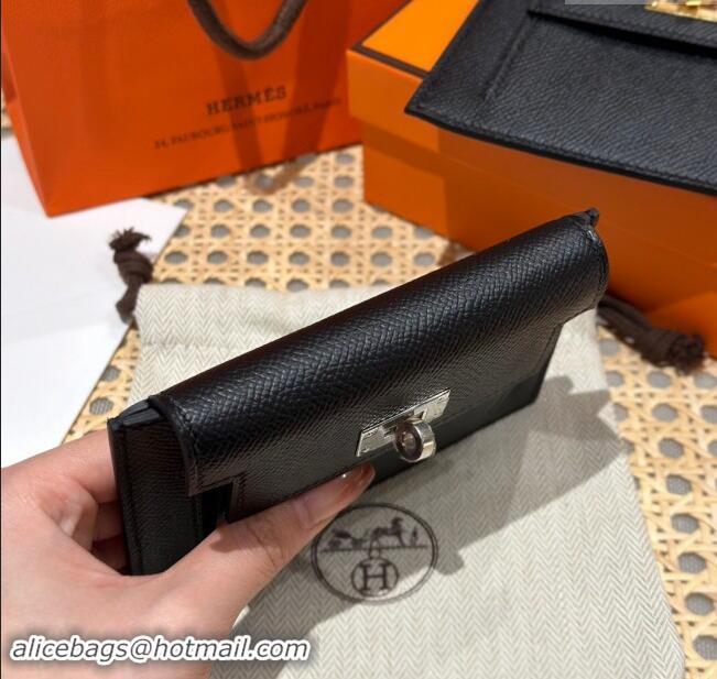 Famous Brand Hermes Kelly Pocket Compact Wallet in Epsom Leather H0010 Black/Silver 2024 (Half Handmade)