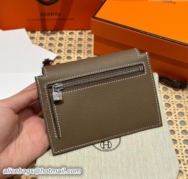 Shop Discount Hermes Kelly Pocket Compact Wallet in Epsom Leather H0010 Etoupe/Silver 2024 (Half Handmade)