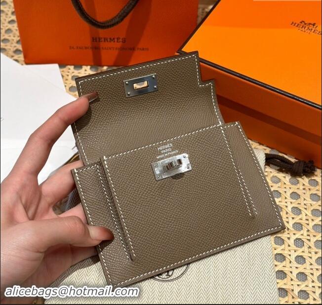 Shop Discount Hermes Kelly Pocket Compact Wallet in Epsom Leather H0010 Etoupe/Silver 2024 (Half Handmade)