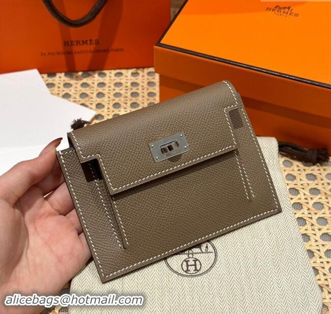 Shop Discount Hermes Kelly Pocket Compact Wallet in Epsom Leather H0010 Etoupe/Silver 2024 (Half Handmade)