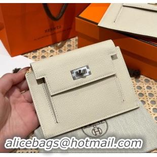 Luxury Cheap Hermes Kelly Pocket Compact Wallet in Epsom Leather H0010 Milk Shake White/Silver 2024 (Half Handmade)