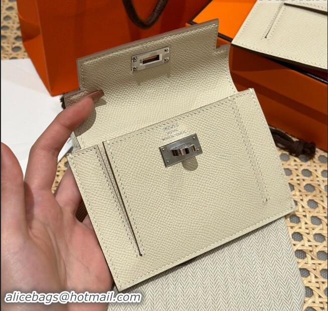 Luxury Cheap Hermes Kelly Pocket Compact Wallet in Epsom Leather H0010 Milk Shake White/Silver 2024 (Half Handmade)