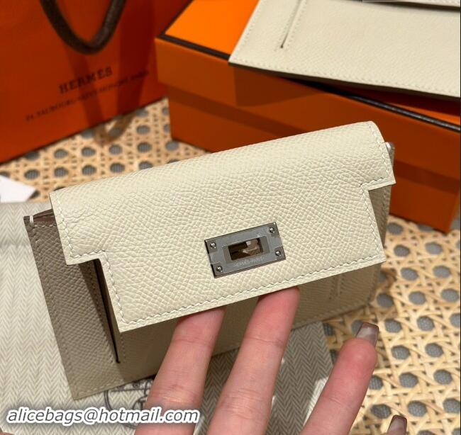 Luxury Cheap Hermes Kelly Pocket Compact Wallet in Epsom Leather H0010 Milk Shake White/Silver 2024 (Half Handmade)