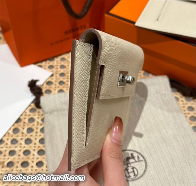 Luxury Cheap Hermes Kelly Pocket Compact Wallet in Epsom Leather H0010 Milk Shake White/Silver 2024 (Half Handmade)