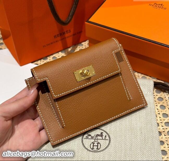 Market Sells Hermes Kelly Pocket Compact Wallet in Epsom Leather H0010 Brown/Gold 2024 (Half Handmade)