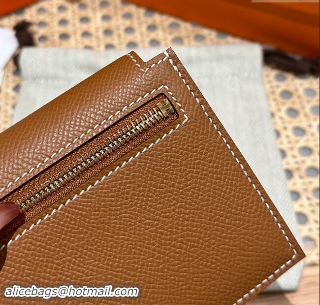 Market Sells Hermes Kelly Pocket Compact Wallet in Epsom Leather H0010 Brown/Gold 2024 (Half Handmade)