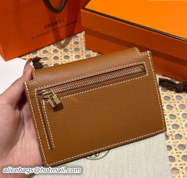 Market Sells Hermes Kelly Pocket Compact Wallet in Epsom Leather H0010 Brown/Gold 2024 (Half Handmade)