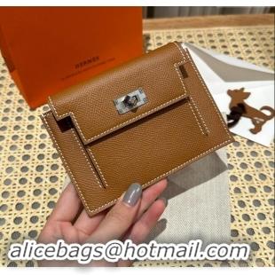 Top Grade Hermes Kelly Pocket Compact Wallet in Epsom Leather H0010 Brown/Silver 2024 (Half Handmade)