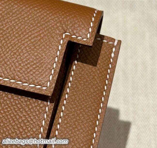 Top Grade Hermes Kelly Pocket Compact Wallet in Epsom Leather H0010 Brown/Silver 2024 (Half Handmade)