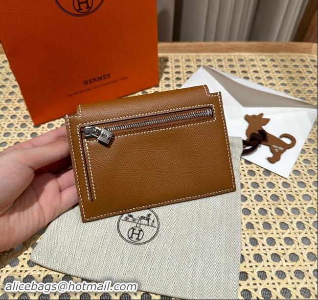 Top Grade Hermes Kelly Pocket Compact Wallet in Epsom Leather H0010 Brown/Silver 2024 (Half Handmade)