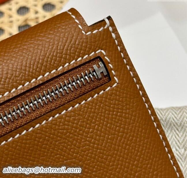 Top Grade Hermes Kelly Pocket Compact Wallet in Epsom Leather H0010 Brown/Silver 2024 (Half Handmade)