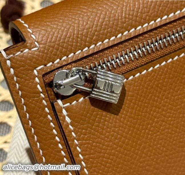 Top Grade Hermes Kelly Pocket Compact Wallet in Epsom Leather H0010 Brown/Silver 2024 (Half Handmade)