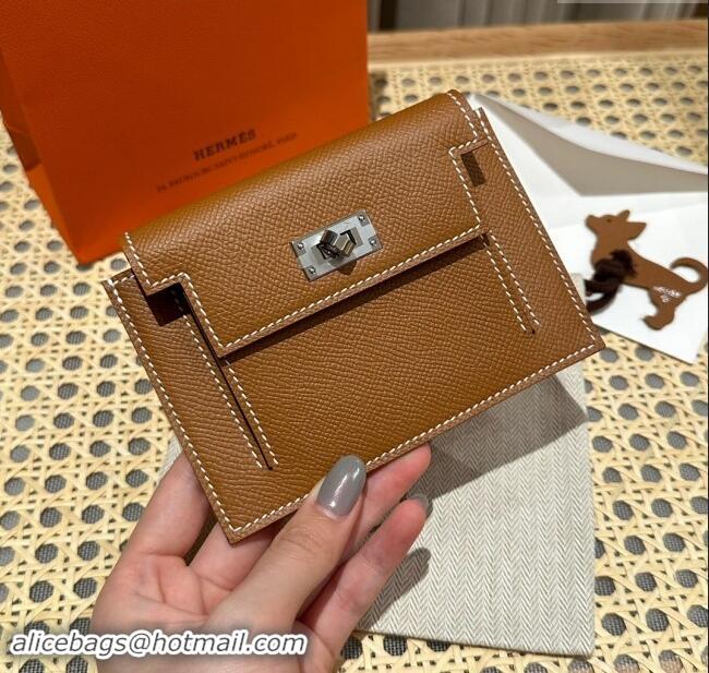 Top Grade Hermes Kelly Pocket Compact Wallet in Epsom Leather H0010 Brown/Silver 2024 (Half Handmade)