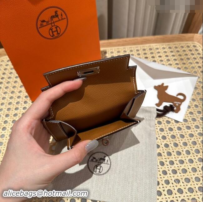 Top Grade Hermes Kelly Pocket Compact Wallet in Epsom Leather H0010 Brown/Silver 2024 (Half Handmade)