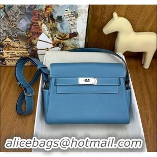 Top Quality Hermes Kelly Messenger Bag in Original Evercolor Leather H0019 Denim Blue/Silver 2024 (Full Handmade)