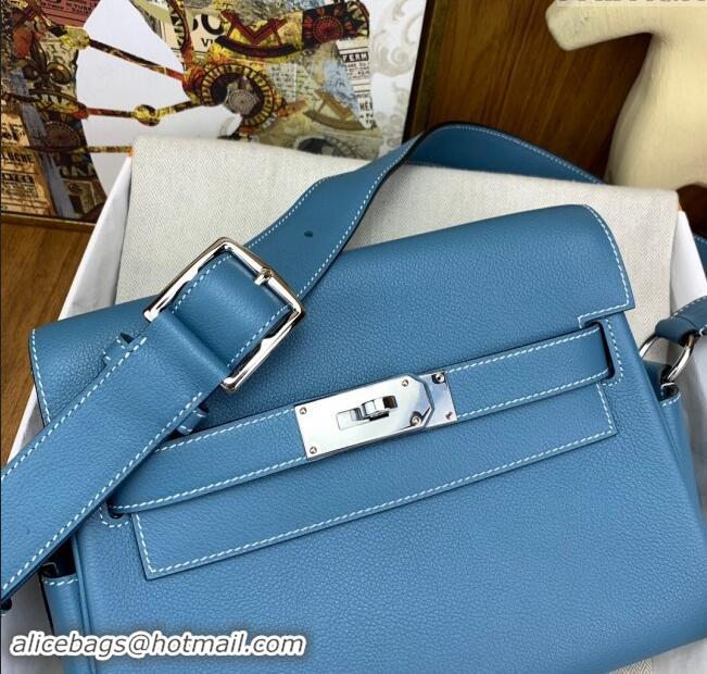 Top Quality Hermes Kelly Messenger Bag in Original Evercolor Leather H0019 Denim Blue/Silver 2024 (Full Handmade)