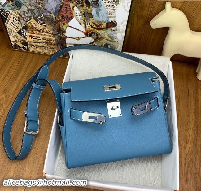 Top Quality Hermes Kelly Messenger Bag in Original Evercolor Leather H0019 Denim Blue/Silver 2024 (Full Handmade)